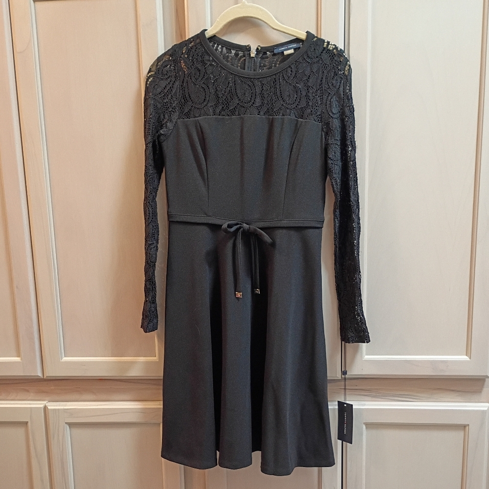 NWT Tommy Hilfiger Black Lace Yoke Fit & Flare Dress, Size 2P